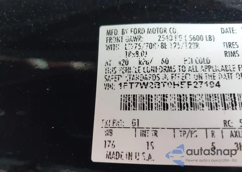 2017 Ford F-250 Xl z USA, uszkodzony, nr VIN 1FT7W2BT0HEF27194